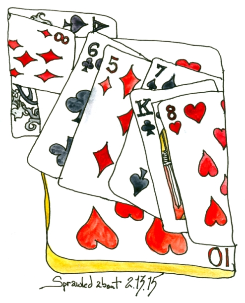 ink and watercolor drawing of playing cards
